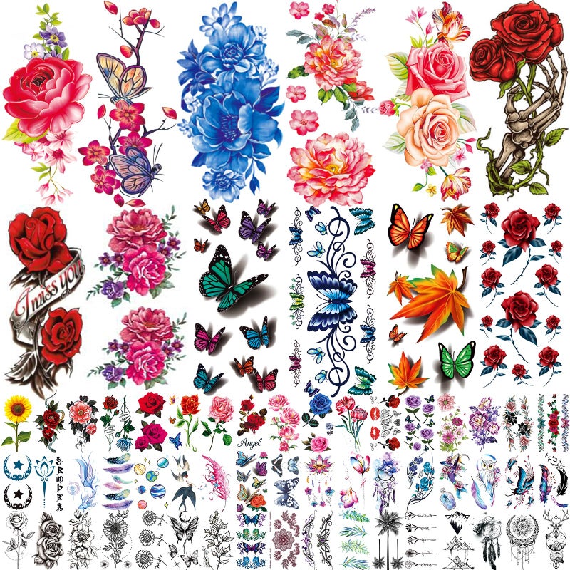 Zomme 82 Sheets Flowers Temporary Tattoos Stickers, Roses, Butterflies and Multi-Colored Mixed Style Body Art Temporary Tattoos for Women, Girls or Kids - Image 1